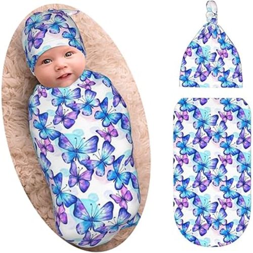 Blue Purple Butterfly Baby Stuff Newborn Swaddle Blanket with Beanie Set, Soft and Stretchy Baby Blanket Swaddle Sleep Sack for Boy and Girl