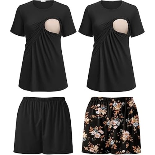 Ekouaer 2 Pack Women's Nursing Pajamas Set Double Layer Maternity Pjs Postpartum Loungewear Set Breastfeeding Tops & Shorts