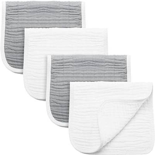 Synrroe Burp Cloths Large, Muslin Burp Cloths for Baby Girls and Boys, Pack of 4 Extra Absorbent and Soft Muslin Bibs, 6 Layers 20 by 10 Inches 100% Cotton (Grey-White 4 Pack)