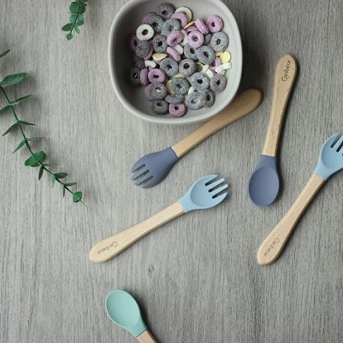 Ginbear Silicone Baby Spoons and Forks Self-feeding 12-18 Months, Soft Tip Baby Flatware Sets for Boy, Toddler Feeding Utensils for Child, 4 Piece Set (Gray/Blue)