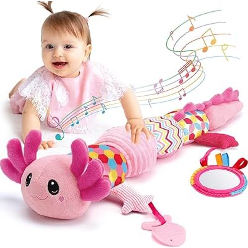 hahaland Tummy Time Toys for Babies 0-6 Months - Musical Axolotl Plush with Rattle,Teether,Mirror,Squeaky,Crinkle - Infant Toys 0-12 Months