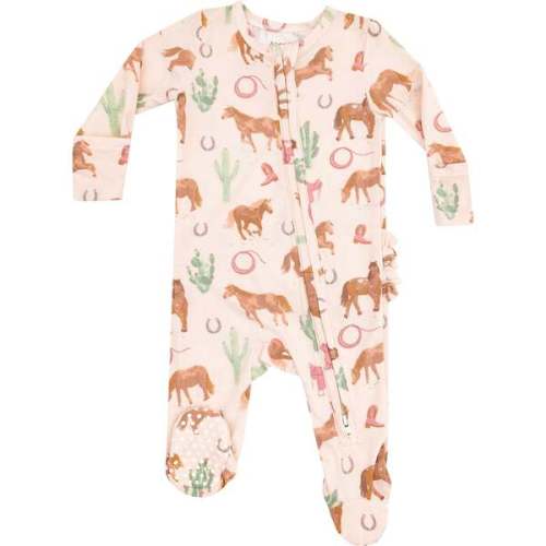 2 Way Zipper Ruffle Back Footie, Western Horses Pink - Angel Dear | Maisonette