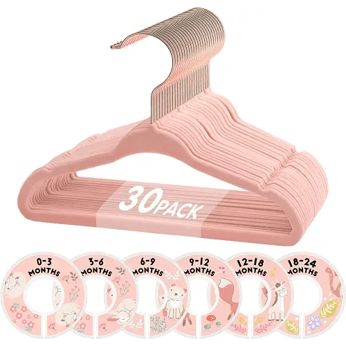 VIS'V Baby Hangers, 11 Inch Velvet Kids Hangers with 6 Pcs Clothes Size Dividers, Infant Toddler Nursery Closet Organization, Non Slip, Pink, 30 Pcs