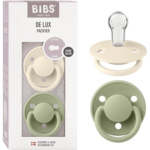 BIBS De Lux Baby Pacifier 2-Pack | Made in Denmark | BPA Free Dummy Soother, Round Nipple. Silicone, OneSize (0-36 Months), Ivory/Sage