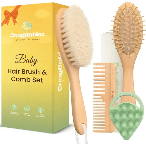 Baby Hair Brush Set for Newborns & Toddlers - Gentle Goat-Hair & Bamboo Bristle Hairbrushes with Easy Grip Wooden Handles - 5-Pack Baby Brush & Comb Set with Cotton Travel Pouch - Gift for Boy & Girl