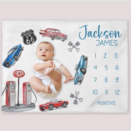 Vintage Cars Milestone Blanket, Personalized Old Car Baby Boy Month Blanket, Nursery Custom Newborn Growth Tracker, New Mom Baby Shower Gift