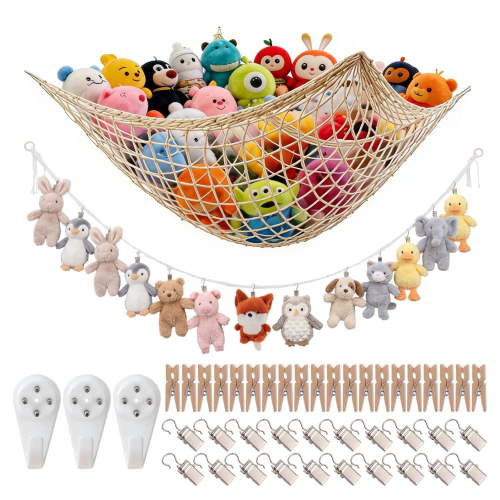 Topekada 2 Pack Stuffed Animal Hammock Set, Sturdy Large Stuffed Animal Storage Net and Suspension Rope, Cotton Corner Hanging Organizer for Kids Baby Nursery Wall Bedroom Home Decor