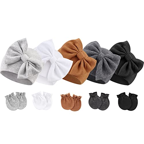BQUBO Newborn Baby Girls Hats Mittens Set Hospital Hat Beanie Infant Bow Hats Baby Cotton Gloves for 0-6 Months