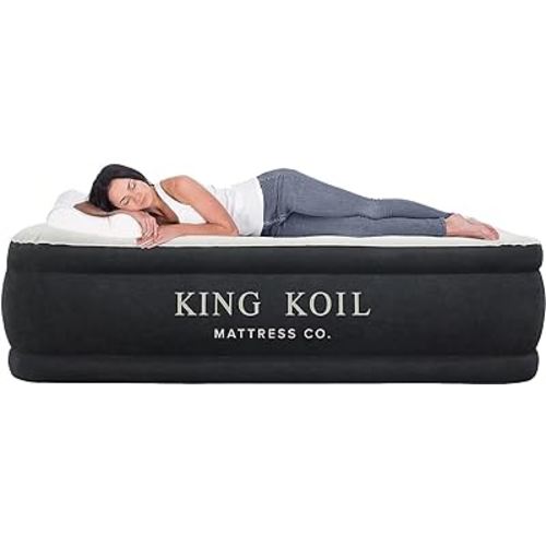 King Koil Luxury Pillow Top Plush Queen Air Mattress with High-Speed Built-in Pump, Blow Up Bed Top Side Flocking, Puncture Resistant, Double High Inflatable Airbed Guests or Travel 1-Year Warranty