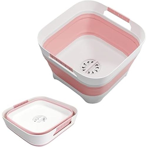 2.4 Gal(9L) Collapsible Dish Basin Bucket with Drain Plug Portable Sink Space Saving Multiuse Bottle Washing Basin Foldable Sink Tub for Kitchen Camping RV Vegetable Washing Dishes Pink
