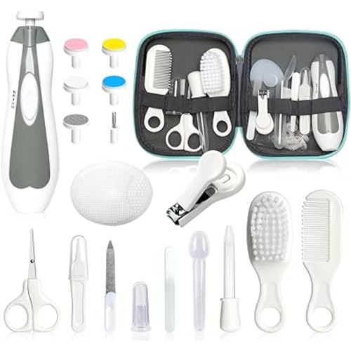 Baby Grooming Kit - 19 in 1 Nursery Essentials Baby Registry Shower Gift for Newborns, Infants, Toddlers, Boys, Girls Kids-Safety Baby Comb, Brush, Finger Toothbrush, Nail Clippers, Scissors(Grey White)