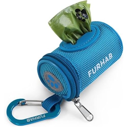 Dog Poop Bag Holder for Leash Doggie Waste Bag Dispenser Soft Fabric Puppy Potty Carrier Small Doggy Zipper Pouch with Carabiner Clip 1680D Nylon Oxford with 1 Roll of Pet Trash Bags, Sky Blue