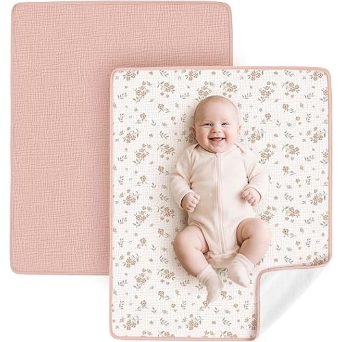 Konssy Muslin Cotton Diaper Changing Pad 2 Pack 29.5"x 23.6", Waterproof Portable Baby Changing Mat with Terry Backing, Soft & Foldable Travel Pad, Shower Gift for Newborn Girls Boys