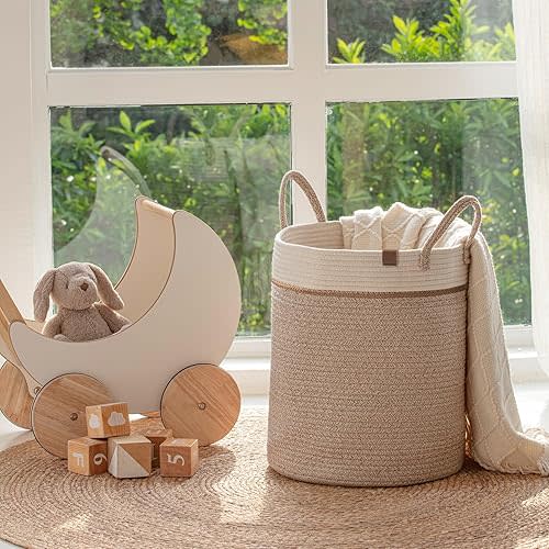 Hamper | LA JOLIE MUSE Woven Basket Rope Storage Baskets - Large Cotton Organizer 16 x 14 x 14 Inches, Basket for Baby Blanket, Kids Toy Nursery Laundry Basket