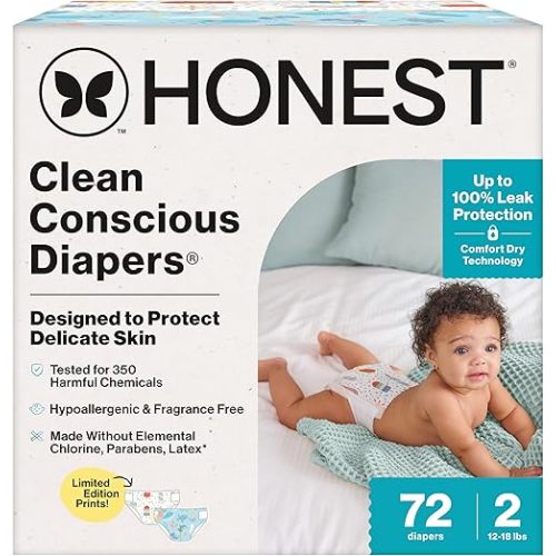 The Honest Company Clean Conscious Diapers for Sensitive Skin | Up to 100% Leakproof | Hypoallergenic, Fragrance Free | Summer '25 Limited Edition Prints | Club Box, Size 2 (12-18 lbs), 72 Count