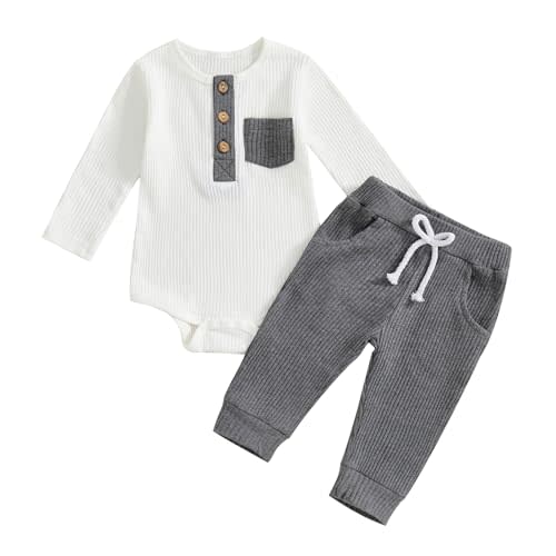 fhutpw Baby Boy Clothes 3 6 12 18 Months Ribbed Knitted Long Sleeve Romper and Pants Sets Newborn Fall Splicing Color Outfits