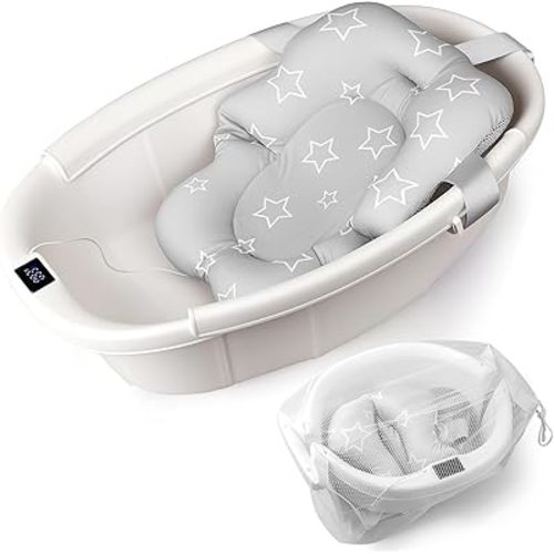 Baby Bathtub, Baby Bath Tub with Thermometer & Soft Cushion, Collapsible Infant Bathtub for Newborn to Toddler 0-36 Months, Quick Use & Portable for Travel(White)