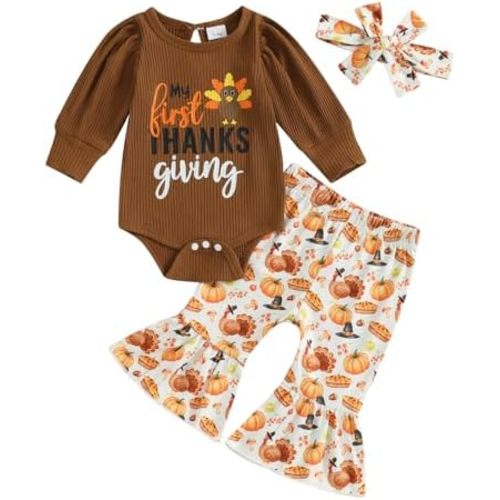My First Thanksgiving Baby Girl Outfit Newborn Turkey Romper Pumpkin Bell Bottoms Flare Pants Set 3Pcs Fall Clothes