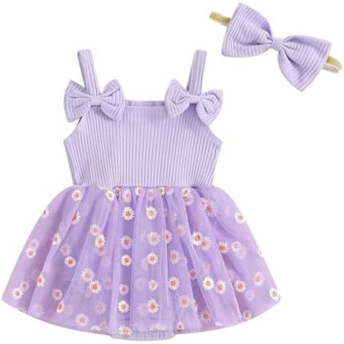Lesimsam Newborn Baby Girl Clothes Daisy Tulle Romper Dress Strap Sleeveless Tutu Bodysuit Jumpsuit Headband Summer Outfit