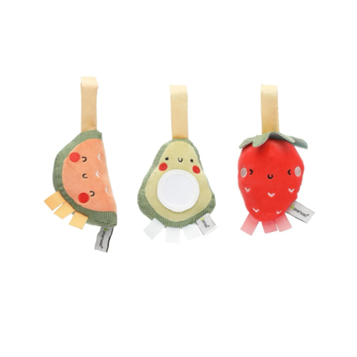 Pearhead Fruit Stroller Toys, Plush Interactive Toy Set for Baby Car Seat with Hanging Mirror, Babyu Car Mirror Toys, Strawberry Avocado Watermelon, Set of 3