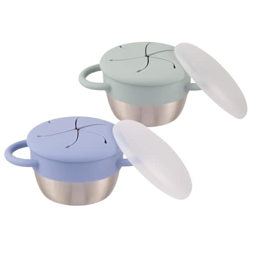 Elk and Friends Stainless Steel Snack Cups – Pack of 2 | Removable Silicone Food Catcher and Travel Lid | Spill-Proof Snack Containers for Baby, Toddler, Kids | Dishwasher Safe, Food Grade Silicone