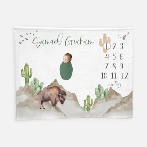 Bison Buffalo Cactus Baby Milestone Blanket, Cacti Baby Milestone Blanket, Mountain Buffalo Blanket, Monthly Baby Blanket, Baby Blanket M12