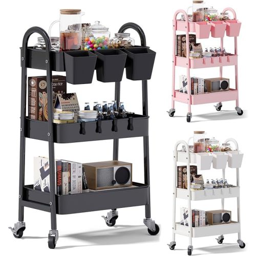 Metal Rolling Carts with Wheels, 3 Tier Black Rolling Utility Cart, Art Cart Organizer on Wheels, Craft Organizers Cart, Nursery Cart with 3 Hanging Cups & 4 Hooks for Classroom, Office - Matte Black - 3-Tier