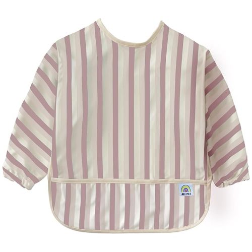 ARI MES Waterproof Long Sleeve Baby Bib for Eating-Pink Stripes Pattern, Medium-Toddler Smock with Catch-All Pocket, BPA Free, Machine Washable, Wearable Feeding Bib for Boys & Girls 6-72 Months