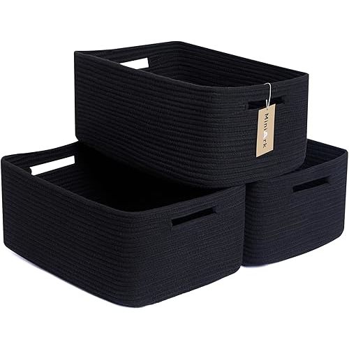 Large Storage Baskets for Shelves, Closet Organizers Bins for Clothes Blanket Towels, Baby Nursery, Toy Baskets Box, Woven Rope Baskets, 17 x 13 x 7.5”, 3 Packs Black