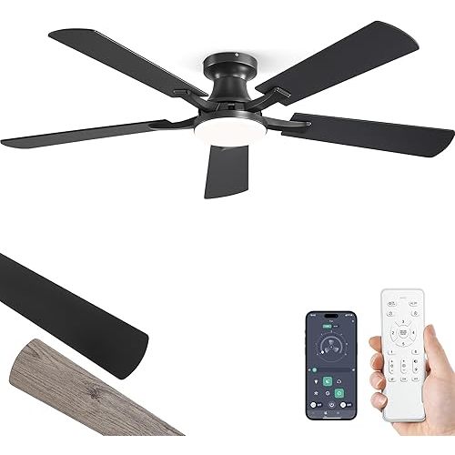 52 Inch Ceiling Fan with Light, App&Remote Control, Flush Mount Low Profile, Dimmable 20W LED Light, Quiet Reversible Motor for Bedroom, Living Room, Apartment, Black