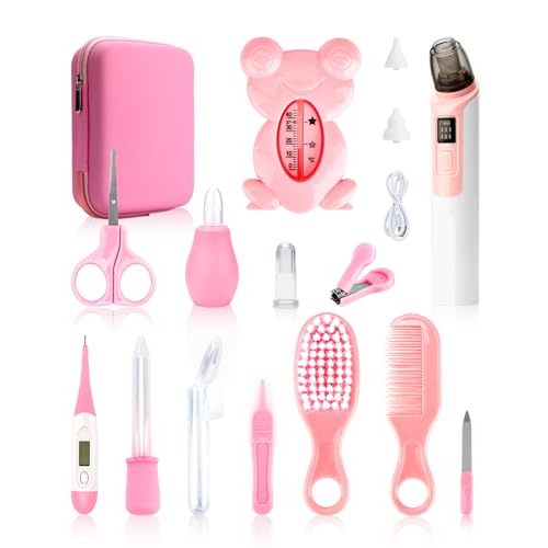Baby Grooming and Healthcare Kits with Baby Nasal Aspirator, 17 in 1 Portable Baby Safety Care Set with Hair Brush Comb Nail Clipper for Newborn Infant Girl Boys(Pink)