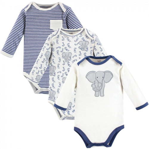 Touched by Nature Organic Cotton Long-Sleeve Bodysuits 3pk, Elephant, Preemie