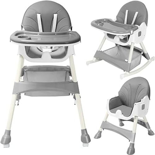 Convertible 4-in-1 Baby High Chair for Toddlers with Removable Tray, Wheels & Safety Belt (Gray)