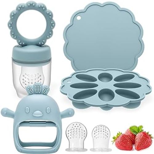 3 Packs Baby Fruit Food Feeder & Freezer Tray and Silicone Teether, Babies Teething Toys for 3 6 9 12+ Months, Includes 2 Extra Pouches & Travel Lids