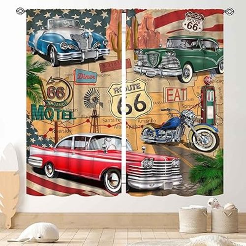 Route 66 Road Curtains for Boys Man Room, Rustic Vintage Classic Car Motorcycle Biker Country Western Retro Man Cave Window Drapes Treatments for Living Room Bedroom Garage Home 2 Panels, 42"x45" Inch