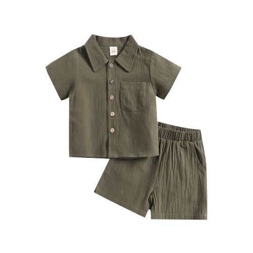 wybzd Baby Boys Cotton Linen Clothes Set Solid Color Lapel Short Sleeve Single-Breasted Tops Shorts Set Army Green 12-18 Months