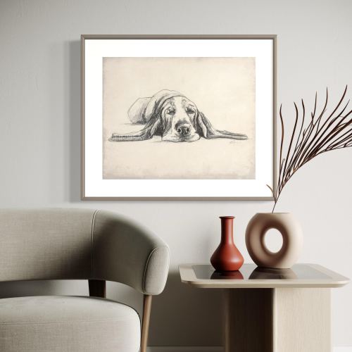 Basset Hound Art Print, Sleeping Basset Hound, Vintage Basset Hound Drawing, Minimalist Dog Art, Wall Decor for Living Room or Nursery