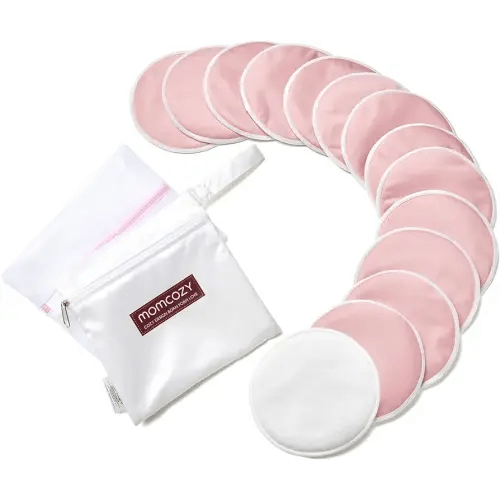 Momcozy Reusable Nursing Pads, Innovative Use of One Way Moisture-Wicking Fabric & 3-Layer Washable Breast Pads, Ultra-Thin Design, Light and Unburden, 14 Pack + Wet & Dry Separation Bag + Wash Bag