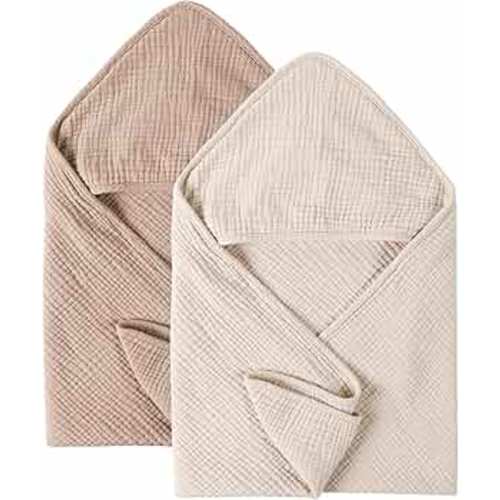 Konssy 2 Pack Muslin Hooded Baby Towels for Newborn Soft 100% Cotton Baby Bath Towel with Hood for Baby, Infant Ultra Absorbent, Baby Stuff Baby Bath Shower Gifts (Cream, Camel,30" x 30")