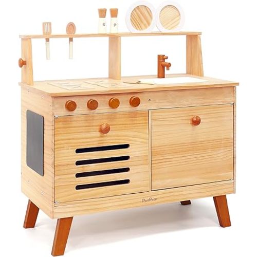 PairPear Wooden Play Kitchen Set, Solid Pine Wood 2 in 1 Kids Kitchen & Market Shelf with Chalkboard, Natural Finish, 7 Piece Pretend Play Kitchen playset for Age 3+