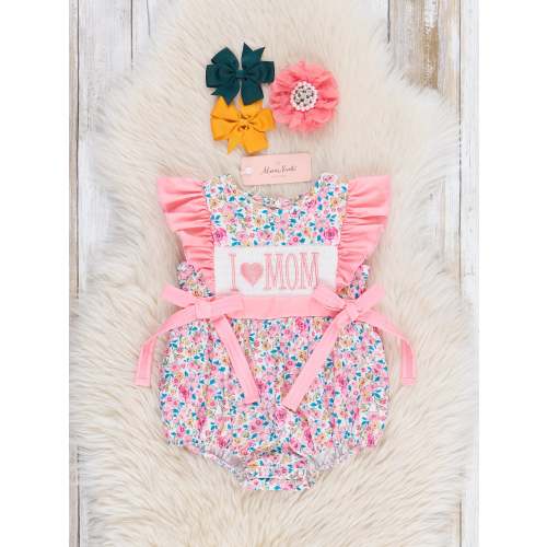 6-12 months Coral Floral "I Love Mom" Smocked Bubble