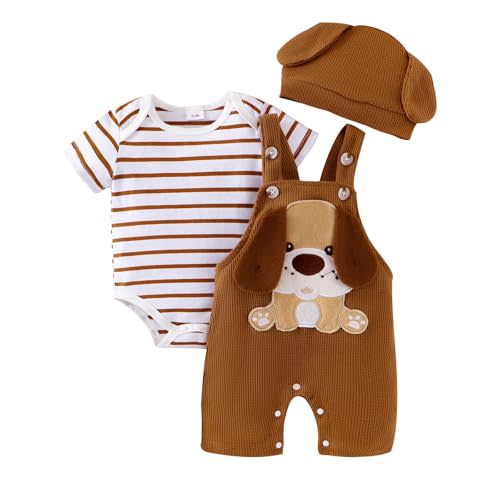 FOCUTEBB Baby Boy Clothes Short Sleeved Cute Cartoon Romper + Shorts + Hat Overalls Suspender for Boys 3 Pcs 0-18 Months