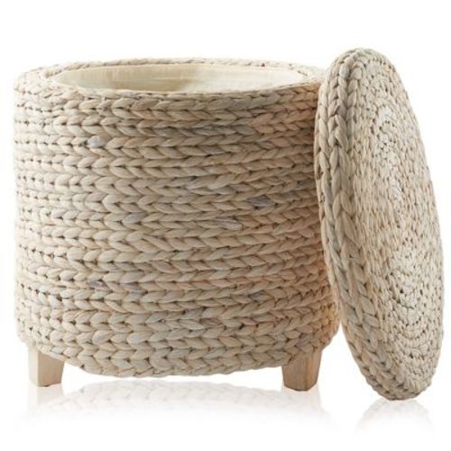 Casafield 17" Round Storage Ottoman with Lid - Whitewash, Handwoven Footrest for Living Room, Bedroom, Bathroom, Home Office