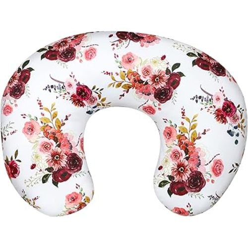 Floral Nursing Pillow Cover for Baby Girl, Soft Organic Breastfeeding Pillow Slipcover, Burgundy Watercolor Flower