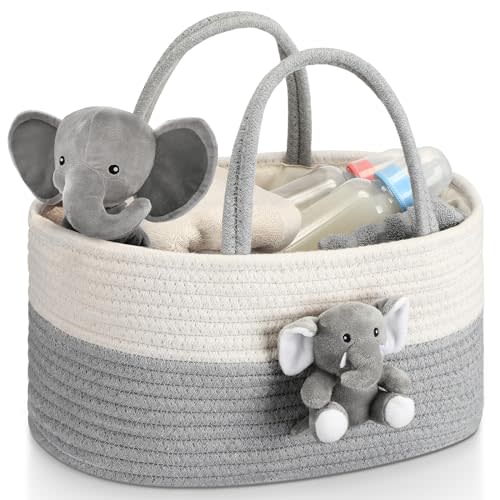 FoldTier Elephant Diaper Caddy Organizer Cart Storage for Nursery with Handle Baby Shower Basket Gift Baby Bath Caddy for Diapers Wipes Elephant Basket for Nursery(Large)
