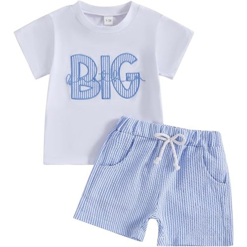 Toddler Infant Baby Boy Summer Outfit Letter Short Sleeve Elastic Stripes Shorts Brothers T-shirt 2Pcs Set