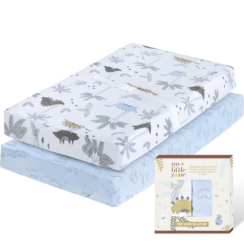 100% Cotton Changing Pad Cover for Baby Boys, Dinosaur Changing Pad Cover - Changing Table Sheets Blue - 2 Pack Changing Table Covers, 32"x16" x 8" Diaper Changing Pad Cover (Dino Safari)