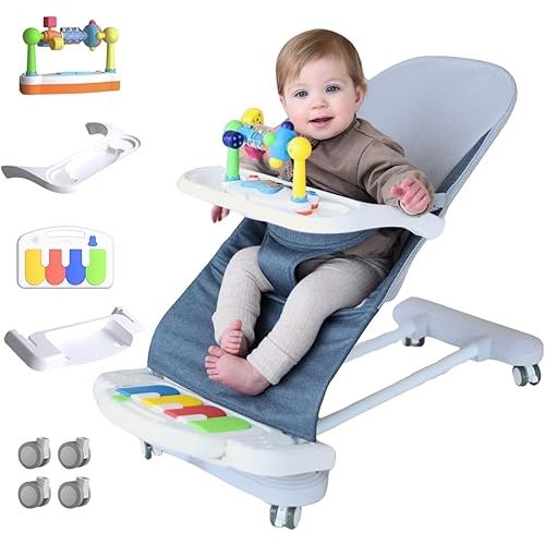 CuddoBaby Baby Bouncer 4-in-1 with Wheels, Detachable Piano, Feeding Tray, Play Bar, Thick Base. 3-Level Incline Portable Seat for Infant to Toddler 0-6, 0-12, 12-24 Months, Upto 29Lbs - Blue