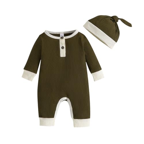 Kutersbabi Newborn Baby Boy Girl Romper Toddler Solid Ribbed One-piece Jumpsuit Clothes Hat Infant Coverall Jumper Outfit Set