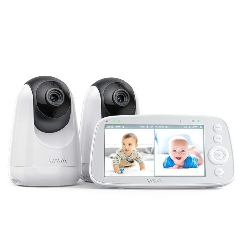 VAVA Monitor de bebé con 2 cámaras y audio bidireccional, pantalla IPS dividida 720P video HD de 5 pulgadas, rango de 900 pies, batería de 4500 mAh, zoom con un solo clic, visión nocturna